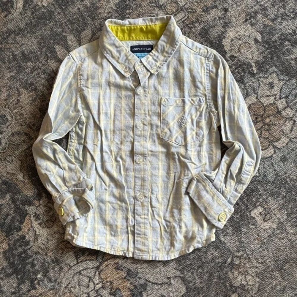 Andy & Evan Boys 2T Plaid Easter Spring Button Up Shirt Blue Yellow Long Sleeve